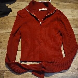 Active USA Red Cowl Neck Sweater with Ribbed Texture